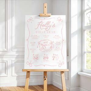May include: A pink and white poster on a wooden easel, celebrating a baby's first year. The poster includes the text "Holly's FIRST YEAR" and details such as weight (32 lbs) and height (29 inches). Decorative bows and a cake illustration are also featured.