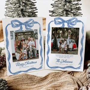Dusty Blue BowChristmas Card Template, Photo Christmas Card, Ribbon Holiday Card, Year in Review Minimalist Christmas Card Editable Canva