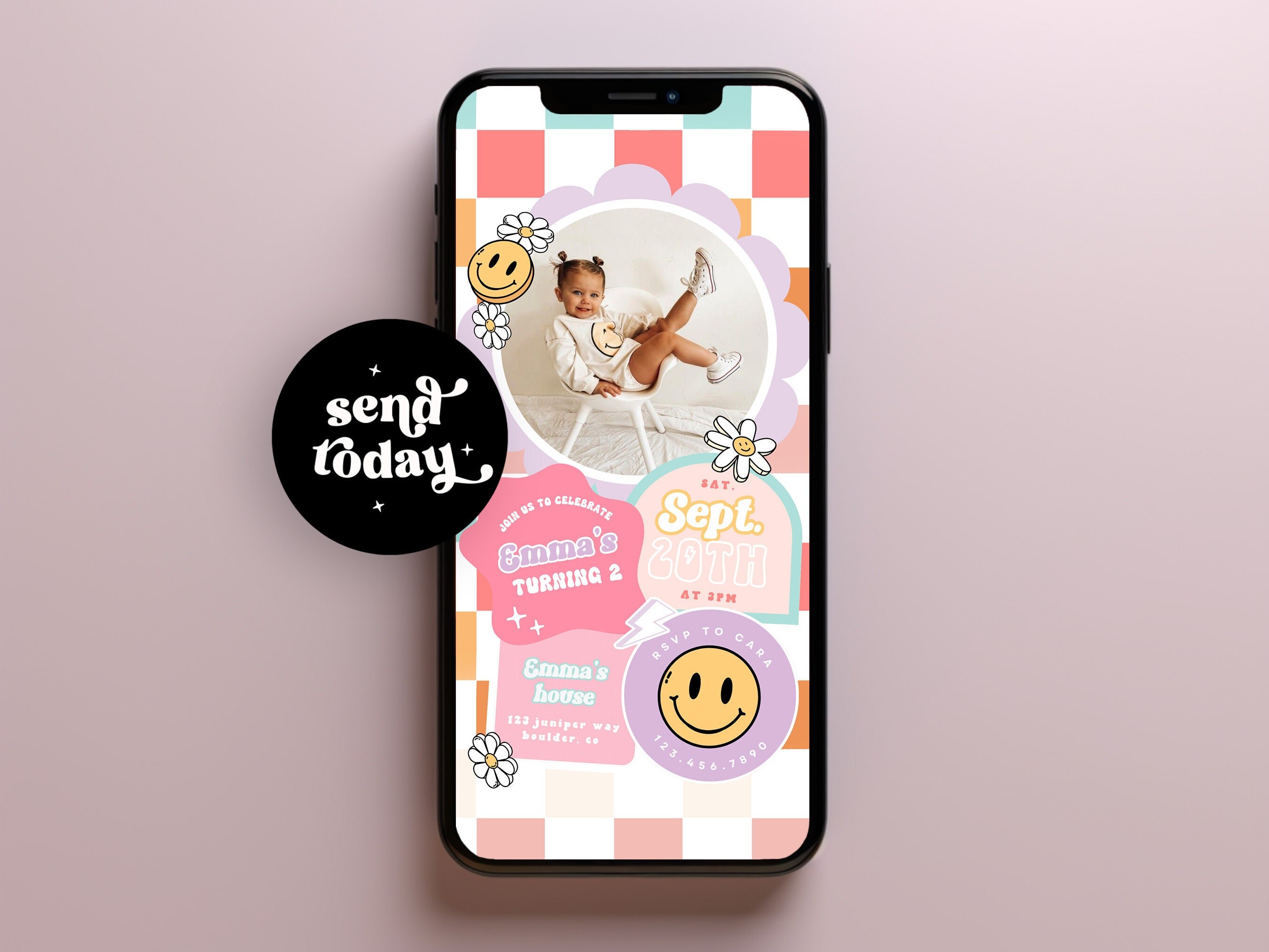 Digital Girl Birthday invite,  Smile Face Groovy Retro birthday text invite, emoji Teen Party, Tween Birthday, Any Age Girl Birthday67