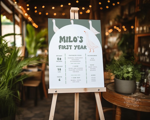 Sage Green One Silly Goose First Birthday Stats Sign, Boy 1st Birthday Milestone, Silly Goose Birthday DecorEditable Template