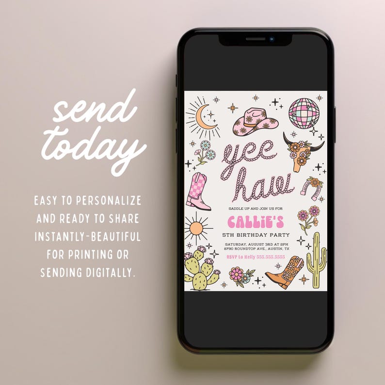 Editable Disco Cowgirl Birthday Invitation, Pink Rodeo Party Invite (Canva Template) image 3