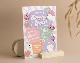 Spooky Four Birthday Invitation, Girls 4th Birthday Invite, Floral Retro Ghost Halloween Birthday Party Invite, Editable Canva Template Luna