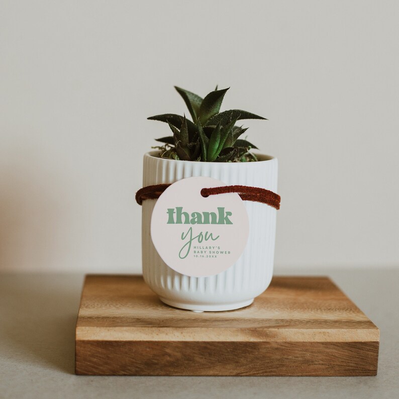 May include: A small green succulent plant in a white ribbed ceramic pot. A round off-white tag is attached with a dark brown velvet ribbon. The tag features green text that reads thank you, Hillary's Baby Shower, and the date 10.16.20KS.