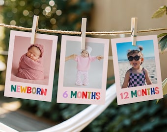Colorful Baby Milestone Bunting Flags | Newborn–12 Months Photo Banner | Editable Canva Templates | First Year Photo Garland 5x7 301