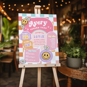 May include: A pink and orange birthday poster with a checkered background. The poster says "Avery Second Year" and includes details about Avery's height, weight, favorite things, and personality. The poster features a smiley face graphic and a daisy.