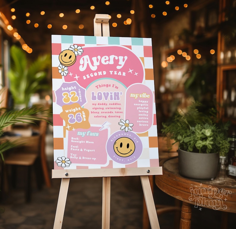 May include: A pink and orange birthday poster with a checkered background. The poster says "Avery Second Year" and includes details about Avery's height, weight, favorite things, and personality. The poster features a smiley face graphic and a daisy.