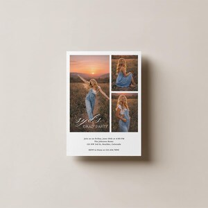 May include: Graduation party invitation with three photos of a person in a field at sunset. The invitation includes the text "Syd's Grad Party" and event details.