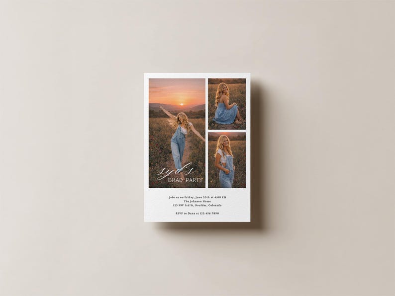 May include: Graduation party invitation with three photos of a person in a field at sunset. The invitation includes the text "Syd's Grad Party" and event details.
