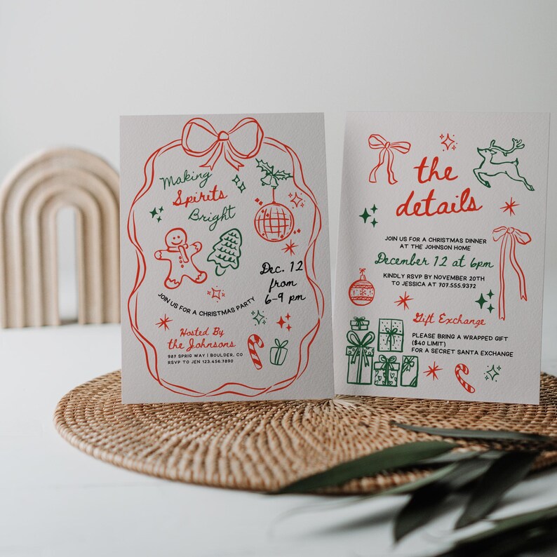 Puede incluir: Una invitaci&oacute;n a una fiesta de Navidad roja y verde con una ilustraci&oacute;n festiva de un hombre de jengibre, un &aacute;rbol de Navidad y una bola de discoteca. El texto dice "Making Spirits Bright" y "Join us for a Christmas Party Dec. 12 from 6-9 pm Hosted by the Johnsons".