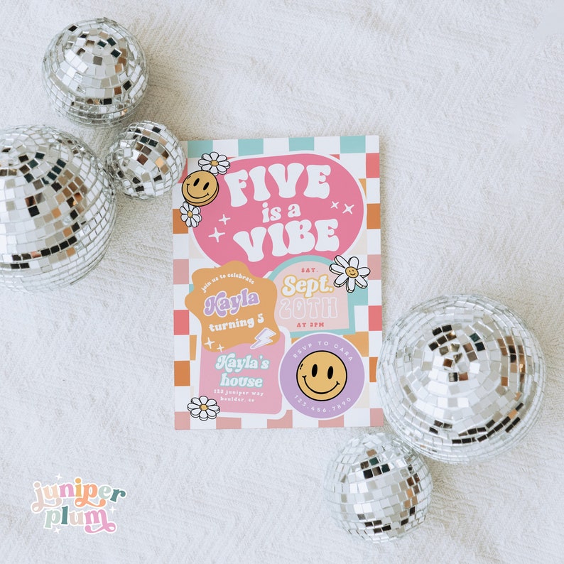 May include: A pink and blue birthday party invitation with the text "Five is a Vibe" in a retro font. The invitation is decorated with daisies, smiley faces, and a checkered pattern. The text also includes the date "Sept. 20th" and the time "at 3PM".