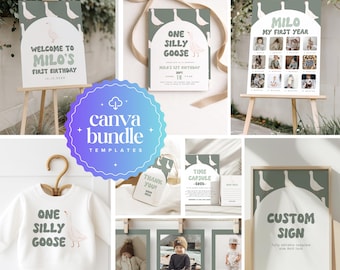 Bundel eerste verjaardag One Silly Goose | Bewerkbare canvassjablonen | Verjaardagsdecor van de gans, Silly Goose-feestje, neutraal groen thema