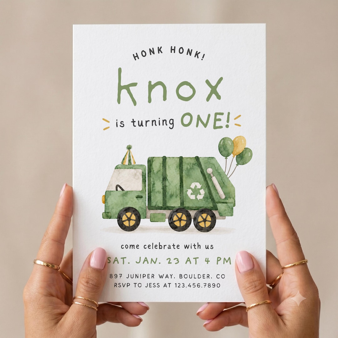 Watercolor Garbage Truck Birthday Invitation, Editable Canva Template ...