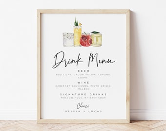 Drink Menu Sign, Wedding Bar Menu, Editable Bar Menu Sign, Bar Menu Minimalist Wedding, Bridal Bar Menu, Party Bar Menu Instant Download 707