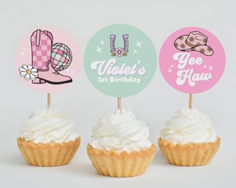 Mae Editable Space Cowgirl Cupcake Toppers – 3x3" Pink Western Birthday Decor – Canva Template – Printable Favor Tags, 6 Per Page