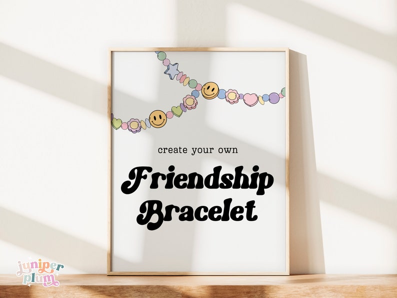 May include: A printable poster with a white background and a colorful friendship bracelet design. The text reads "create your own Friendship Bracelet".