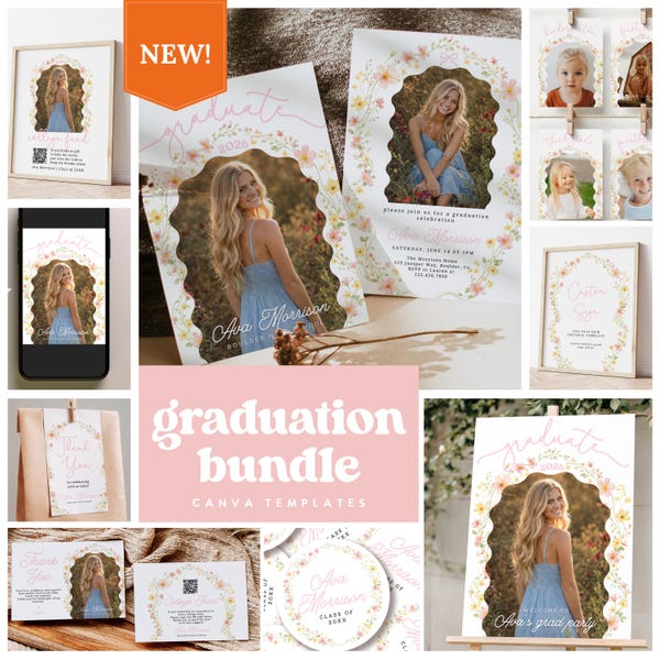 Pink Floral Graduation Bundle, Elegant Grad Party Suite, Photo Invitation (Digital Download) G4