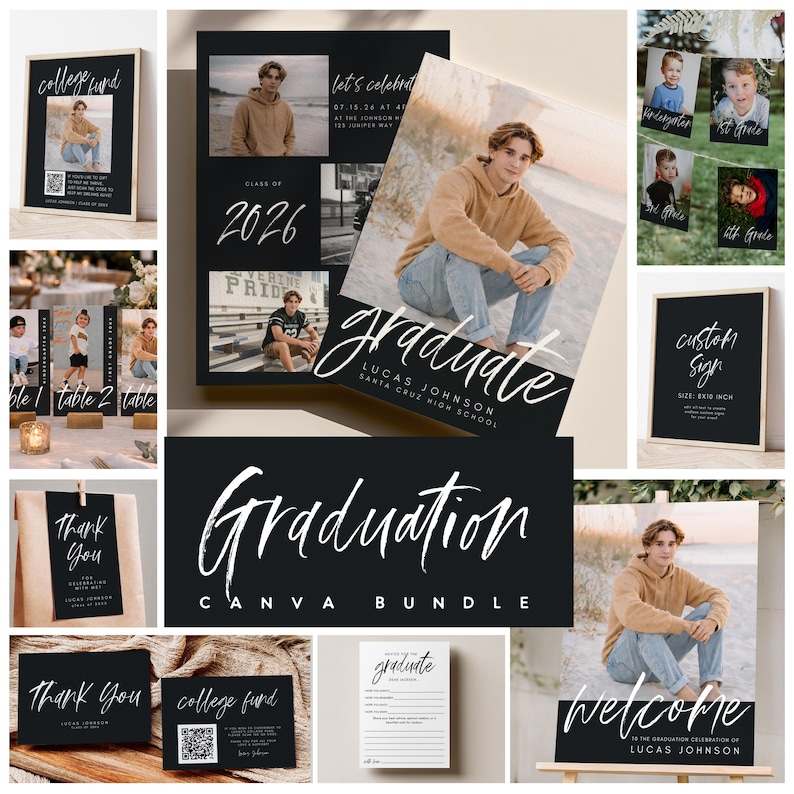 Abschluss-Ankündigungs-Bündel, moderne Graduierung, Grad-Einladung Junge-Abschluss-Party einladen Abschluss-Dekor College-Fonds QR Danke G2 Bild 6