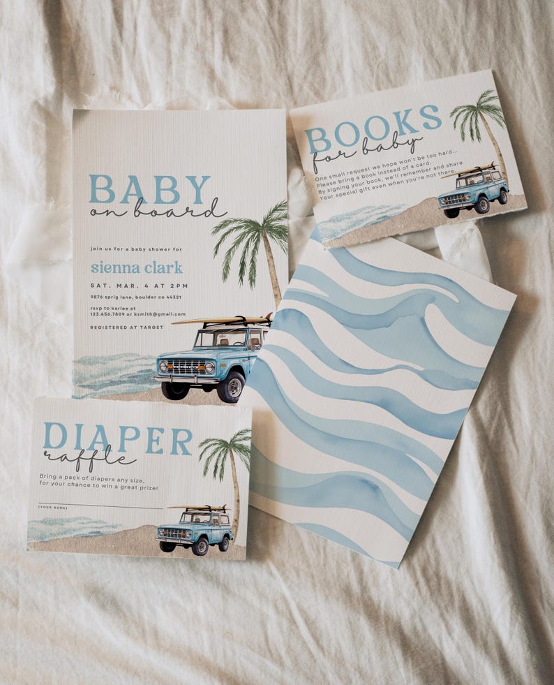 Invitación "Bebé a bordo", invitación para baby shower de playa, invitación para baby shower de surf, baby shower de verano, plantilla editable de Canva imagen 7