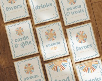Editable Sunshine Birthday Sign Set, First Trip around the Sun Party Decor, Sun Birthday Signs, Boy Birthday Sunshine Party Decor