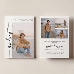May include: Graduation announcement featuring a young person in a tan hoodie and jeans. The invitation includes the text "graduate" in script, the school name, and party details.