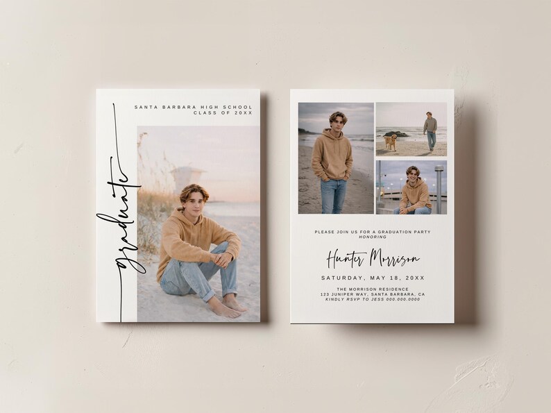 May include: Graduation announcement featuring a young person in a tan hoodie and jeans. The invitation includes the text "graduate" in script, the school name, and party details.