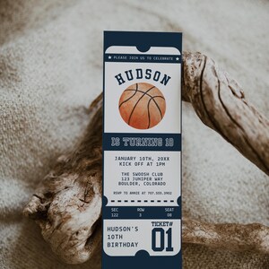 May include: A blue and white ticket-style invitation for a basketball-themed birthday party. The invitation features a basketball graphic and the text "Hudson is turning 10". The invitation also includes the date, time, location, and RSVP information.