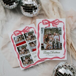 May include: Two silver disco balls and two Christmas cards. The cards feature family photos inside a red watercolour bow frame. One card says "Merry Christmas" and "The Johnsons | 2024". The other card has multiple photos and text.