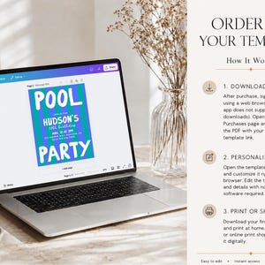 May include: A laptop screen displaying a digital pool party invitation template with blue and green vertical stripes and white text reading POOL PARTY, HUDSON'S 10TH BIRTHDAY. The right side features text instructions titled ORDERING YOUR TEMPLATE.