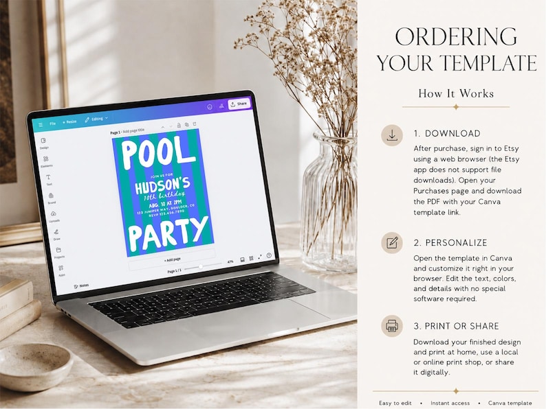 May include: A laptop screen displaying a digital pool party invitation template with blue and green vertical stripes and white text reading POOL PARTY, HUDSON'S 10TH BIRTHDAY. The right side features text instructions titled ORDERING YOUR TEMPLATE.