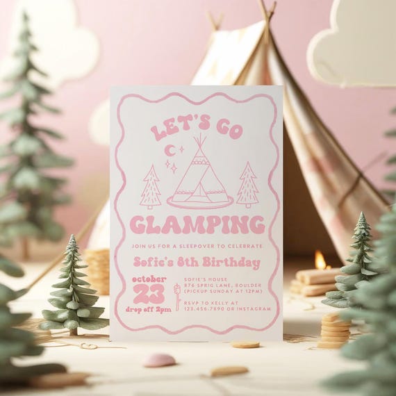 Let's Go Glamping Birthday Invitation, Camping Sleepover Slumber Party Camping Editable Pink Camping Birthday 248