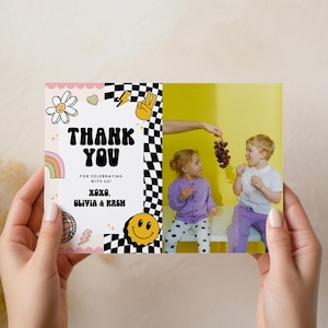 Cartão de agradecimento de aniversário de menino e menina, foto de agradecimento de aniversário de irmão, festa de aniversário conjunta, decoração de aniversário duplo, verificador de sorriso retrô e descolado