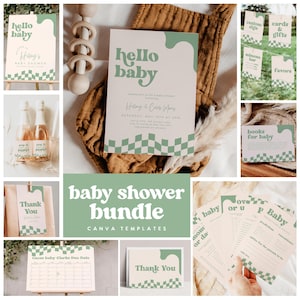 May include: A baby shower stationery bundle featuring a cream and sage green color palette with wavy borders and checkered patterns. The set includes invitations, thank you cards, game sheets, and signage with text like hello baby.