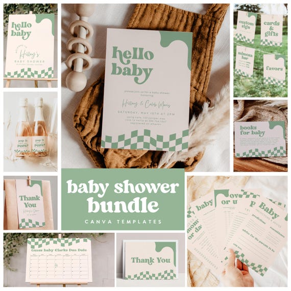 Retro Baby Shower Bundle, Gender Neutral Hello Baby Invitation, Green Checkered Baby Shower Games & Signs, Editable Canva Template