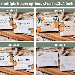 May include: Four different printable insert options for a baby shower. Each option features a white card with orange and green illustrations of oranges and leaves. The text on the cards reads "books for baby" and "diaper raffle".