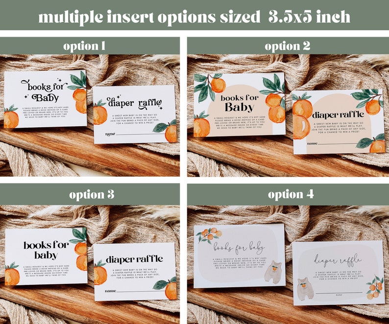 May include: Four different printable insert options for a baby shower. Each option features a white card with orange and green illustrations of oranges and leaves. The text on the cards reads "books for baby" and "diaper raffle".