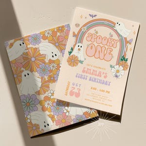 Groovy Spooky One Geburtstagseinladung Vorlage, Geist Hippie Regenbogen 70er Jahre Vibe Geburtstagseinladung Printable Mädchen Erster Geburtstag Invite 188