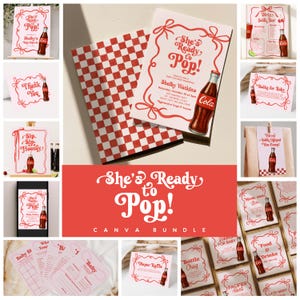 May include: A collection of baby shower themed printables with a vintage soda pop theme. The designs feature a red and white color scheme with the text "She's Ready to Pop!" and a cola bottle graphic. Includes invitations, games, and decor.
