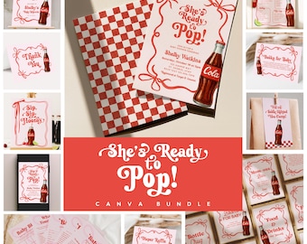 May include: A collection of baby shower themed printables with a vintage soda pop theme. The designs feature a red and white color scheme with the text "She's Ready to Pop!" and a cola bottle graphic. Includes invitations, games, and decor.