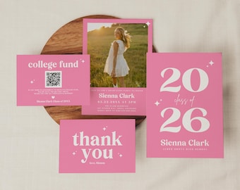 Pink Graduation Bundle Template, Class of 2026 Grad Party Set, Editable Canva Invite, Thank You Card College Fund QR Card Photo Announcement