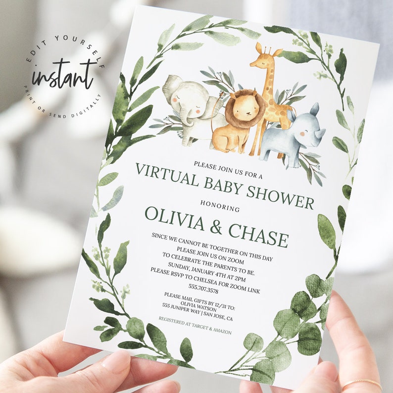 Virtual Baby Shower JUNGLE Baby Shower Invitation ZOOM Baby Etsy