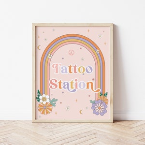 Tattoo Station Sign Download, Groovy Tattoo Station Sign, Flower Power, hippie daisy birthday decor, Instant Download,  186