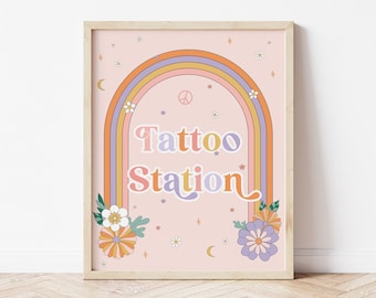 Tattoo Station Sign Download, Groovy Tattoo Station Sign, Flower Power, hippie daisy birthday decor, Instant Download,  186