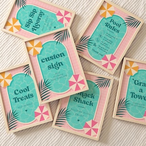 Girl Retro Pool Party Sign Set, Pink Poolside Birthday Signs, Editable Canva Pool Rules Snack Drink Favor Signs, 8x10 264