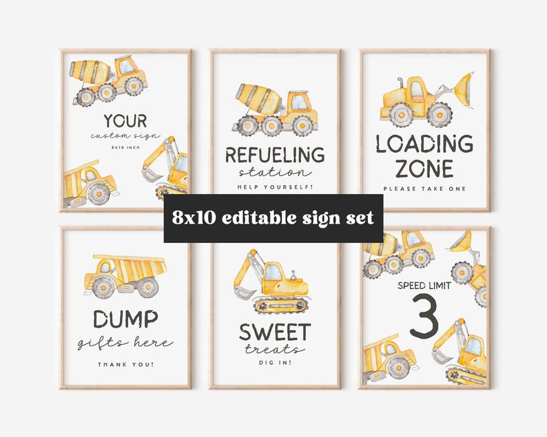 May include: A set of eight framed prints with watercolor illustrations of construction vehicles. Each print features a different sign, including "Loading Zone" and "Sweet Treats." The signs are 8x10 inches.