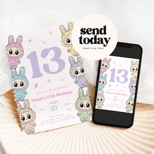 Invitación de cumpleaños de niña linda y malhumorada • Invitación de fiesta de muñeca de dibujos animados kawaii editable • Plantilla imprimible linda y gruñona en tonos pastel
