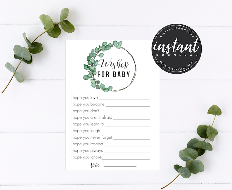 instant Shower games Instant Download Baby Shower Game Printable Wishes for Baby Card Greenery Baby Shower Game AG-15