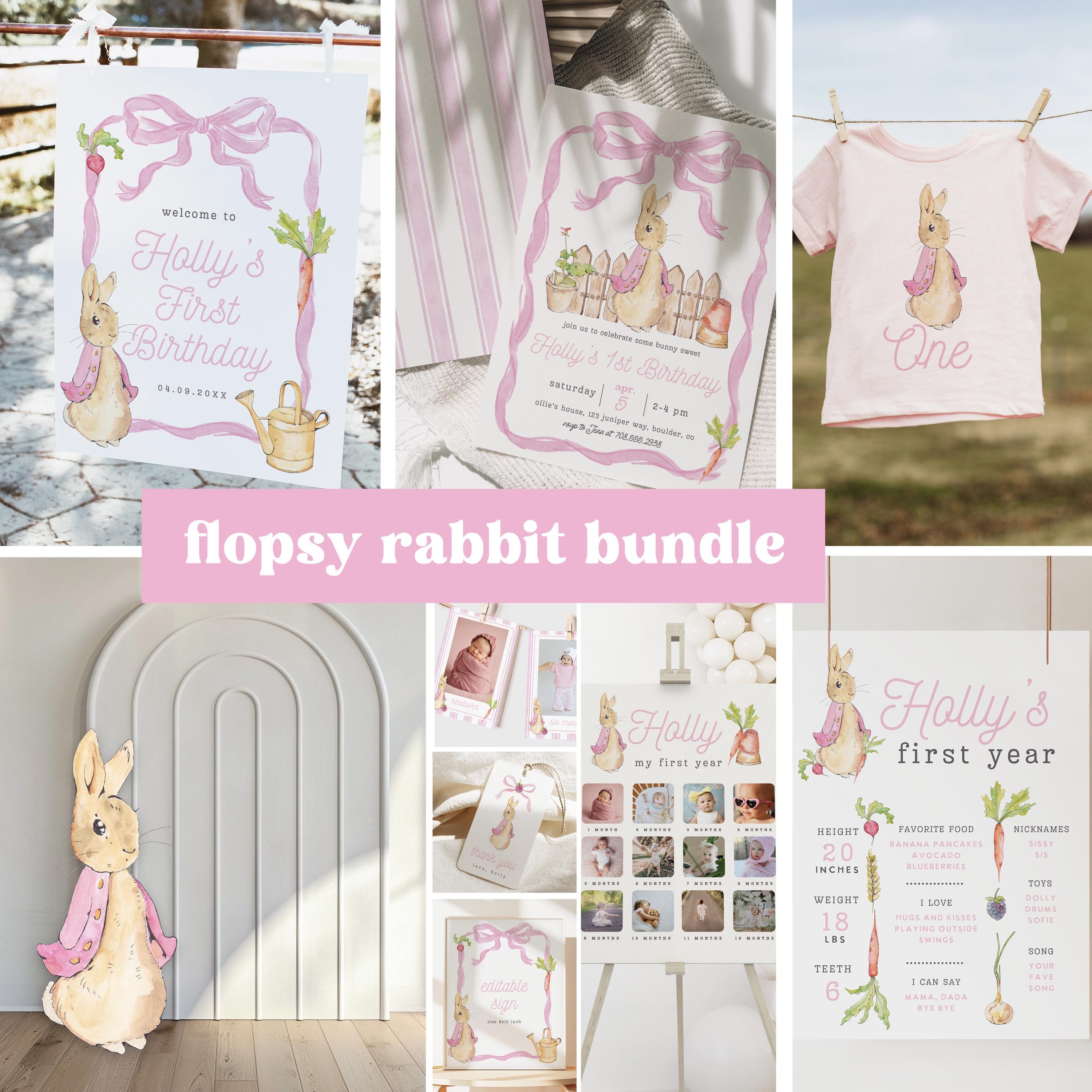Flopsy Rabbit Printable Flopsy Rabbit First Birthday Invitation, Editable Rustic Bunny Invite ...