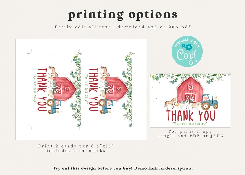 Editable Farm Animal Thank You Card, Barnyard Birthday Thank You Card ...