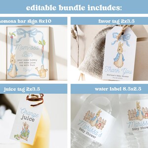 May include: Printable baby shower party decorations featuring a watercolor illustration of Peter Rabbit. The set includes a sign for a mimosa bar, a favor tag, a juice tag, and a water bottle label. The text on the sign reads "Mom-osa Bar" and includes instructions for making the drink. The favor tag says "Thank You" and the juice tag says "Orange Juice". The water bottle label says "Marissa's Baby Shower".