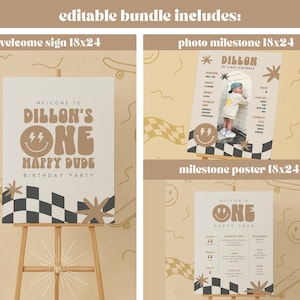 One Happy Dude Birthday Invitation Boy First Birthday Smile Face Retro Birthday Editable Digital Template INSTANT DOWNLOAD 58 image 5